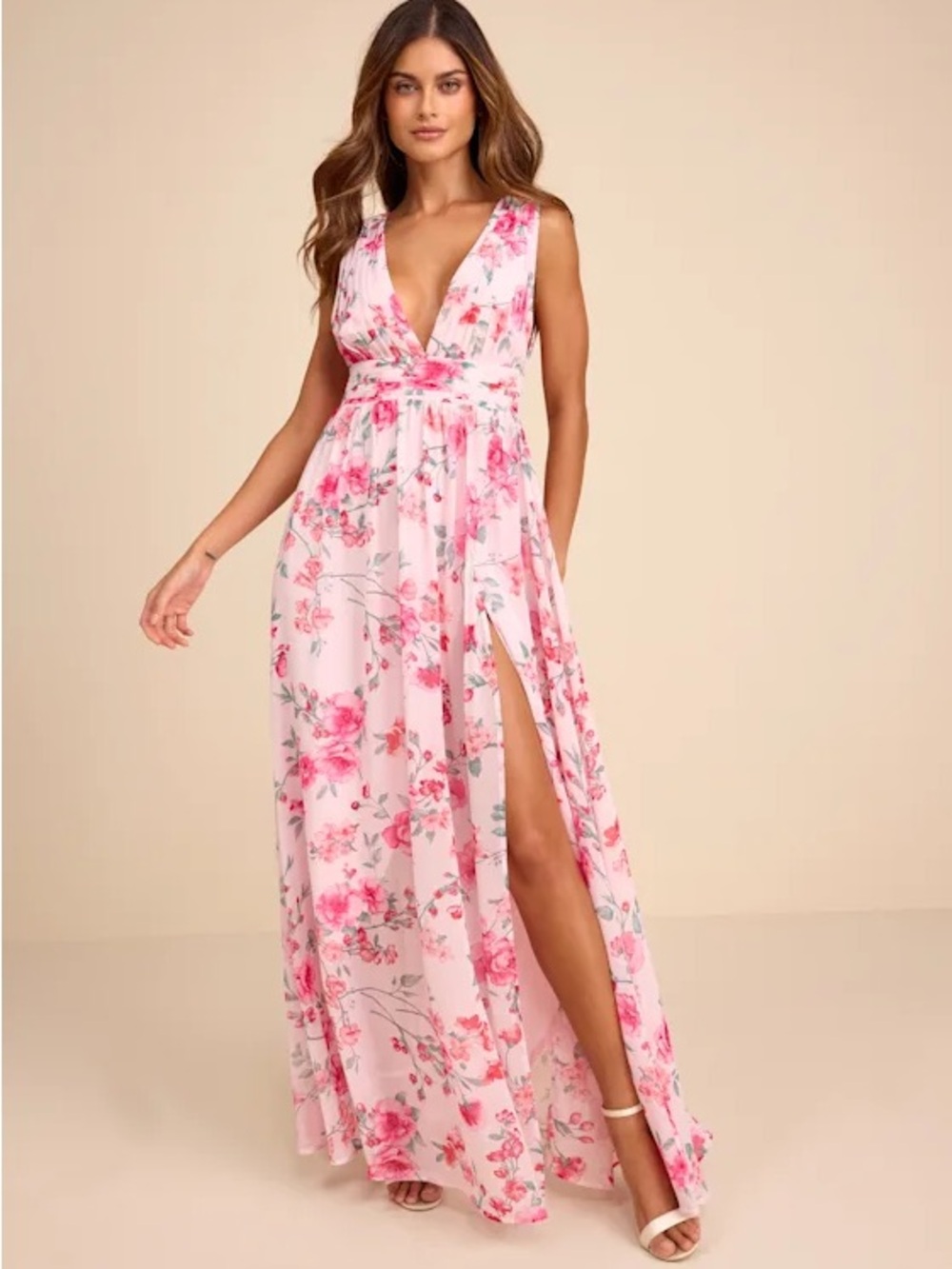 Heavenly Hue Pink Floral Maxi Dress with Deep V and Side Slit